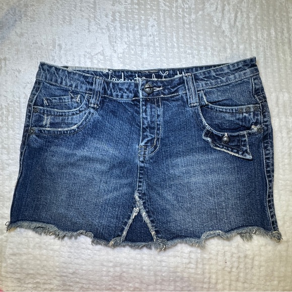 Industrial Cotton Dresses & Skirts - Industrial Cotton Denim Blue Jean Mini Skirt Y2K Distressed Pockets Size 11